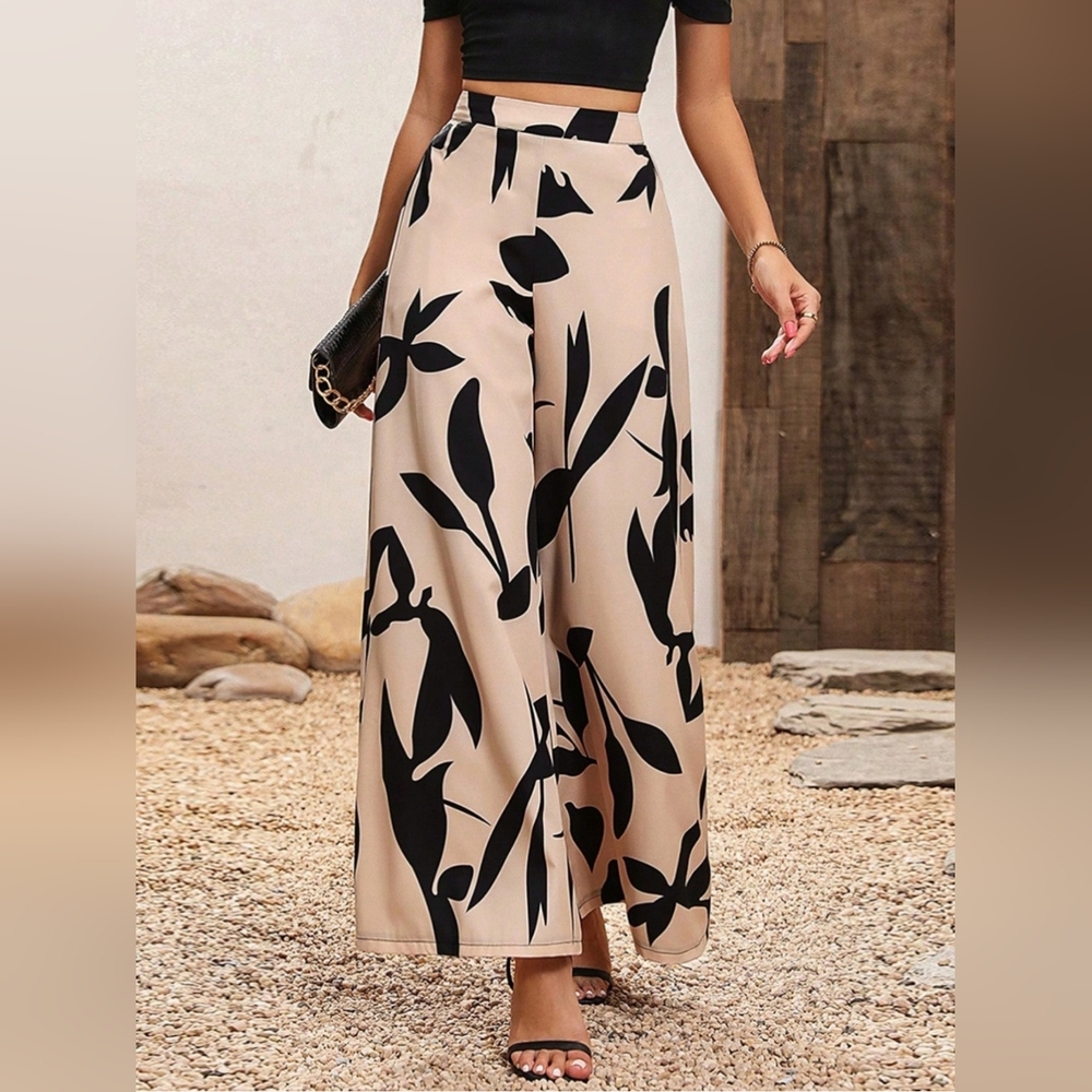 Beige Floral Wide-Leg Pants